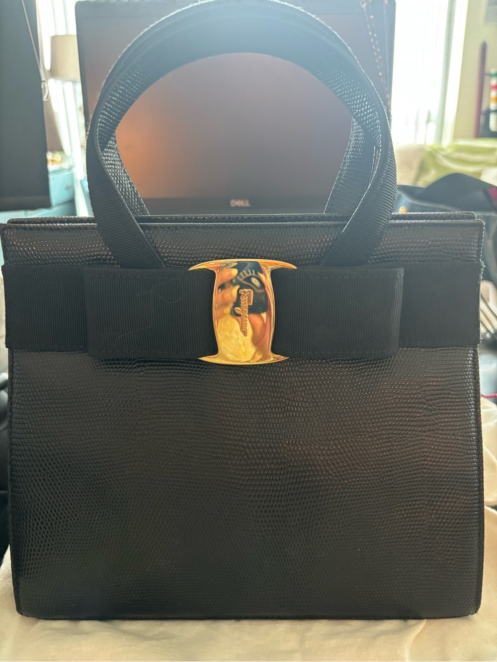 Salvatore Ferragamo Black Textured Top-Handle Mini Bag with Gold Bow